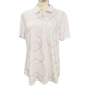 GREG NORMAN PLAY DRY Large Golf Polo Shirt White Silver Chain Link Print Shark‎